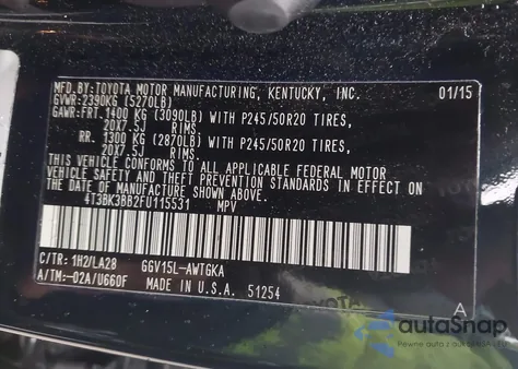 2015 Toyota Venza Le/Xle/Limited from USA, damaged, VIN 4T3BK3BB2FU115531